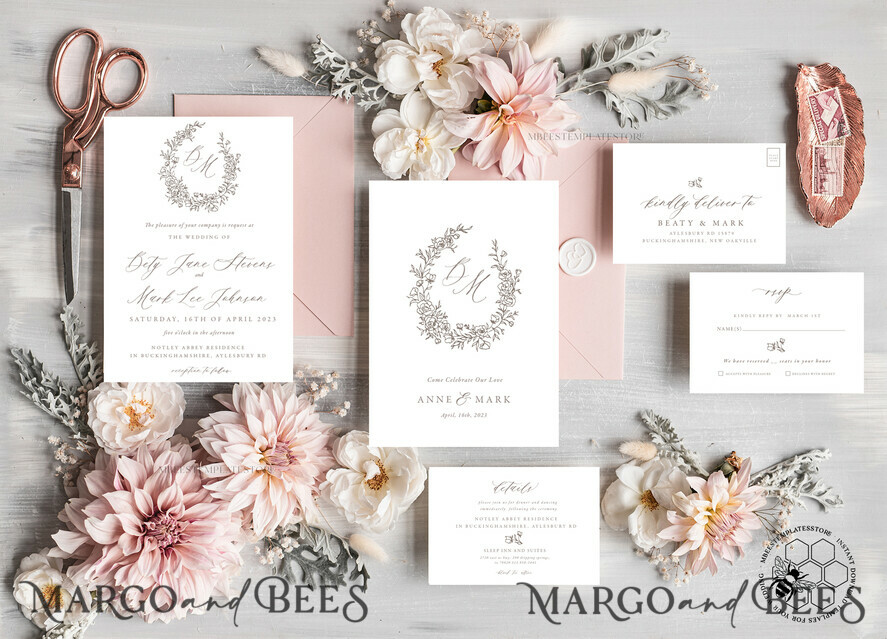 TEMPLETT wedding invitation download Fine Art Boho wedding Invitations Set Template, Instant Download Printable Invites Home Printing, Simple Minimalistic Invitation Card Set