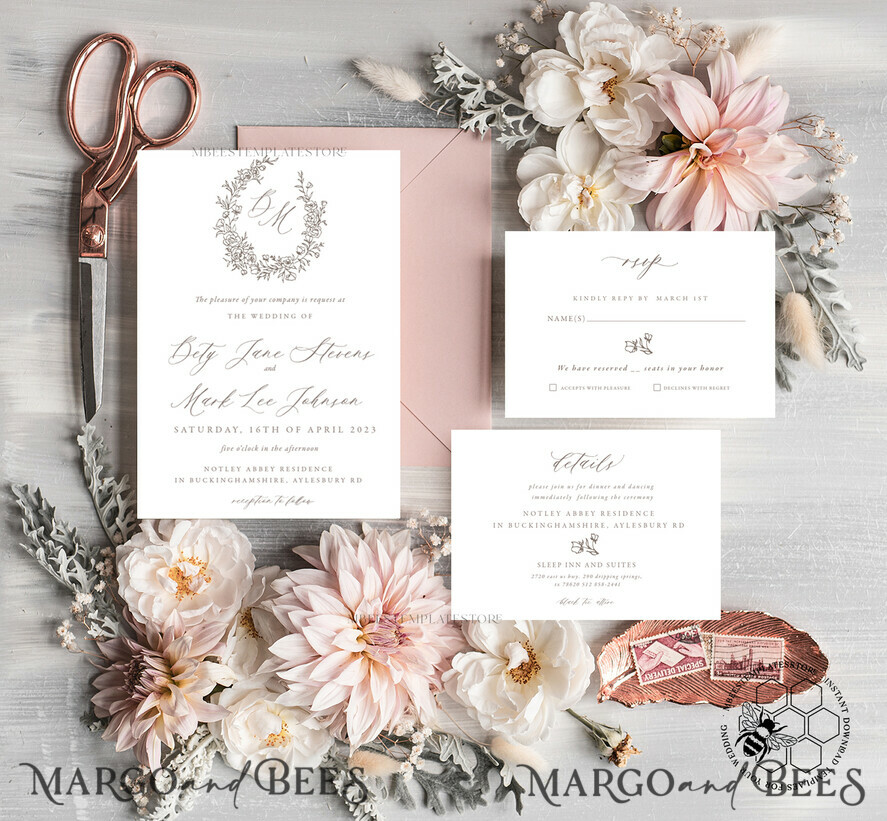 TEMPLETT wedding invitation download Fine Art Boho wedding Invitations Set Template, Instant Download Printable Invites Home Printing, Simple Minimalistic Invitation Card Set