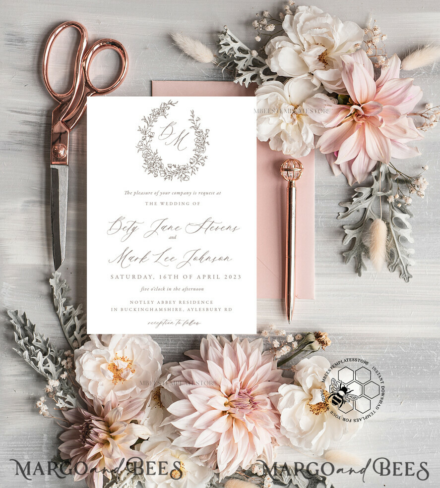 TEMPLETT wedding invitation download Fine Art Boho wedding Invitations Set Template, Instant Download Printable Invites Home Printing, Simple Minimalistic Invitation Card Set