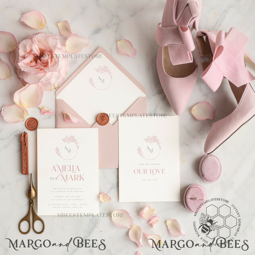 TEMPLETT wedding invitation download Elegant Blush wedding Invitation Template, Instant Download Printable Invites Home Printing, Pink Wedding Invitation Set Template Cards Set