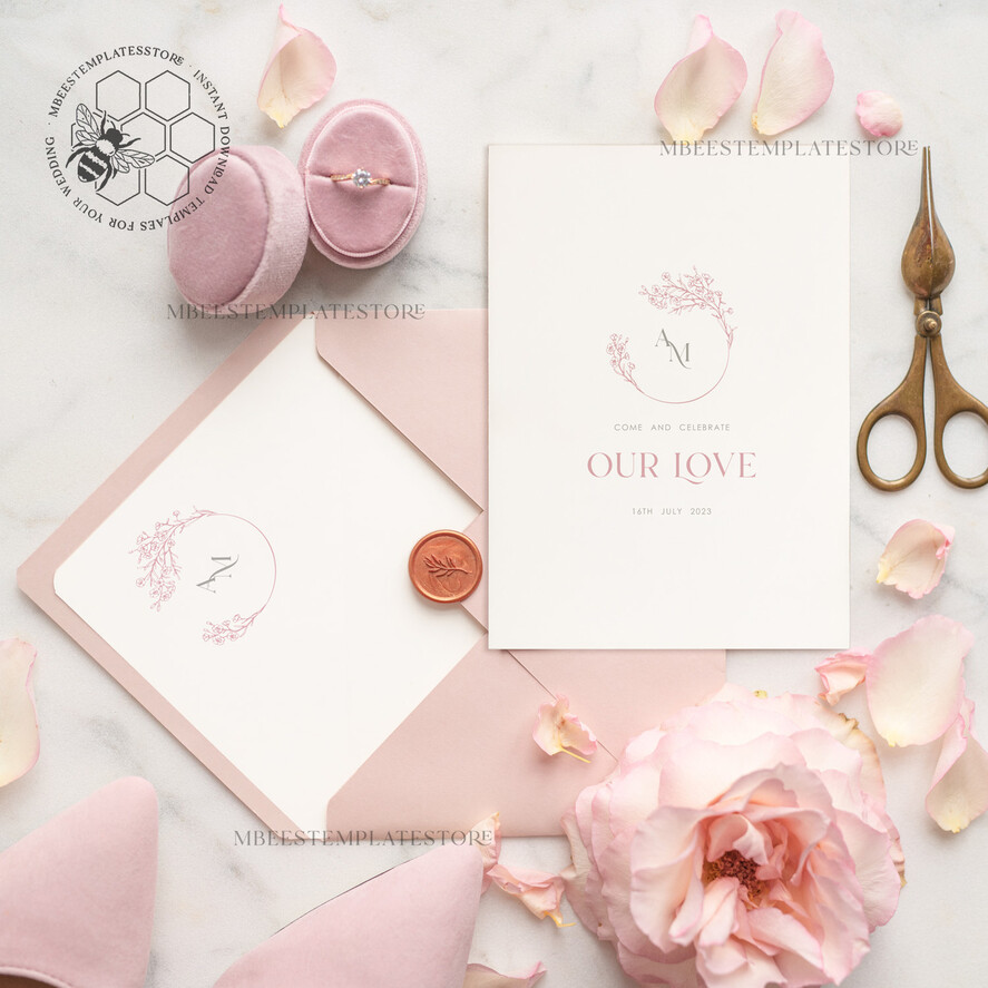 TEMPLETT wedding invitation download Elegant Blush wedding Invitation Template, Instant Download Printable Invites Home Printing, Pink Wedding Invitation Set Template Cards Set