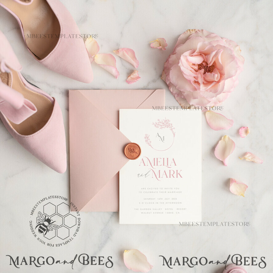 TEMPLETT wedding invitation download Elegant Blush wedding Invitation Template, Instant Download Printable Invites Home Printing, Pink Wedding Invitation Set Template Cards Set