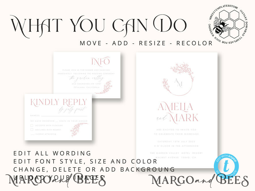 TEMPLETT wedding invitation download Elegant Blush wedding Invitation Template, Instant Download Printable Invites Home Printing, Pink Wedding Invitation Set Template Cards Set