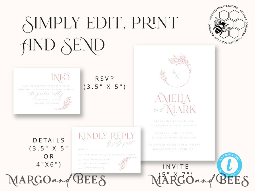 TEMPLETT wedding invitation download Elegant Blush wedding Invitation Template, Instant Download Printable Invites Home Printing, Pink Wedding Invitation Set Template Cards Set