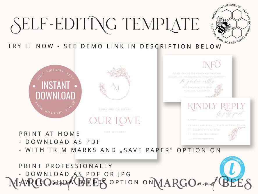 TEMPLETT wedding invitation download Elegant Blush wedding Invitation Template, Instant Download Printable Invites Home Printing, Pink Wedding Invitation Set Template Cards Set