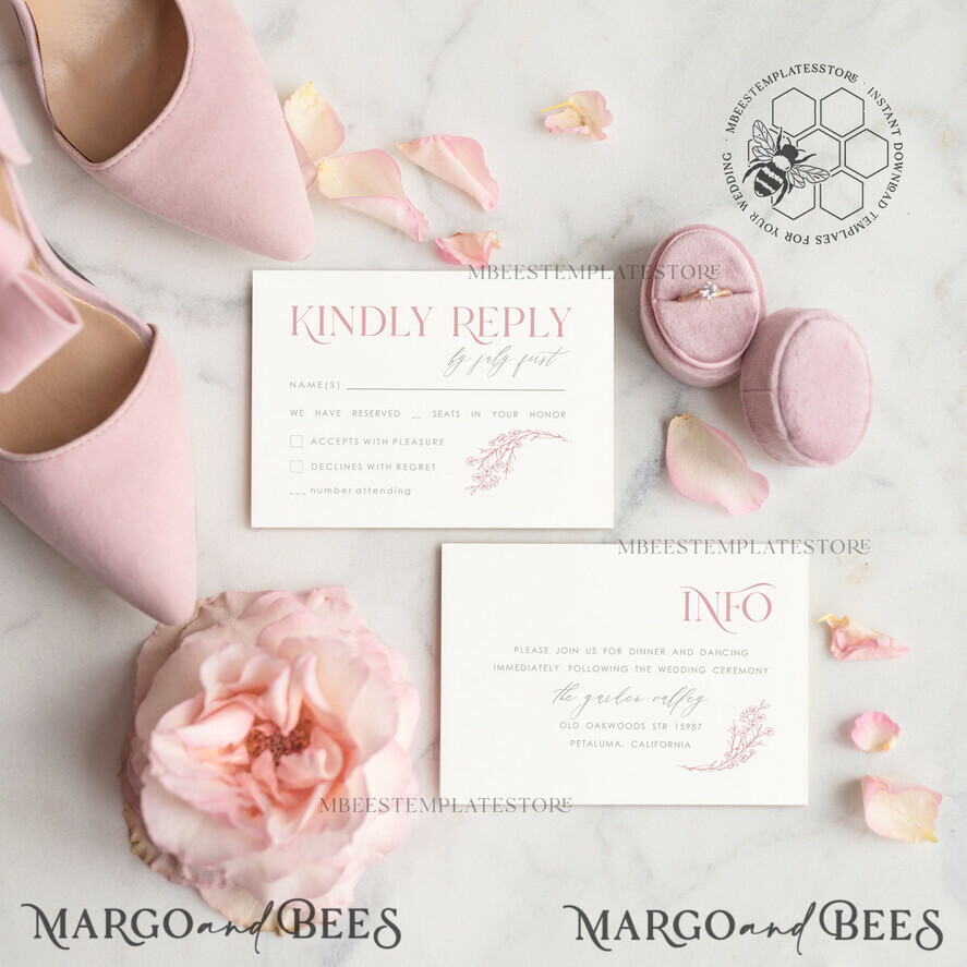 TEMPLETT wedding invitation download Elegant Blush wedding Invitation Template, Instant Download Printable Invites Home Printing, Pink Wedding Invitation Set Template Cards Set