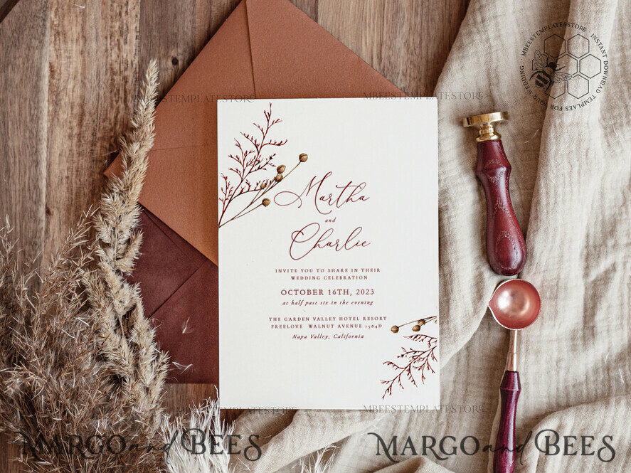 TEMPLETT wedding invitation download Boho fall wedding Invitations Set Template, Instant Download Printable Invites Home Printing, Terracotta Autumn Simple Invitation Card Set