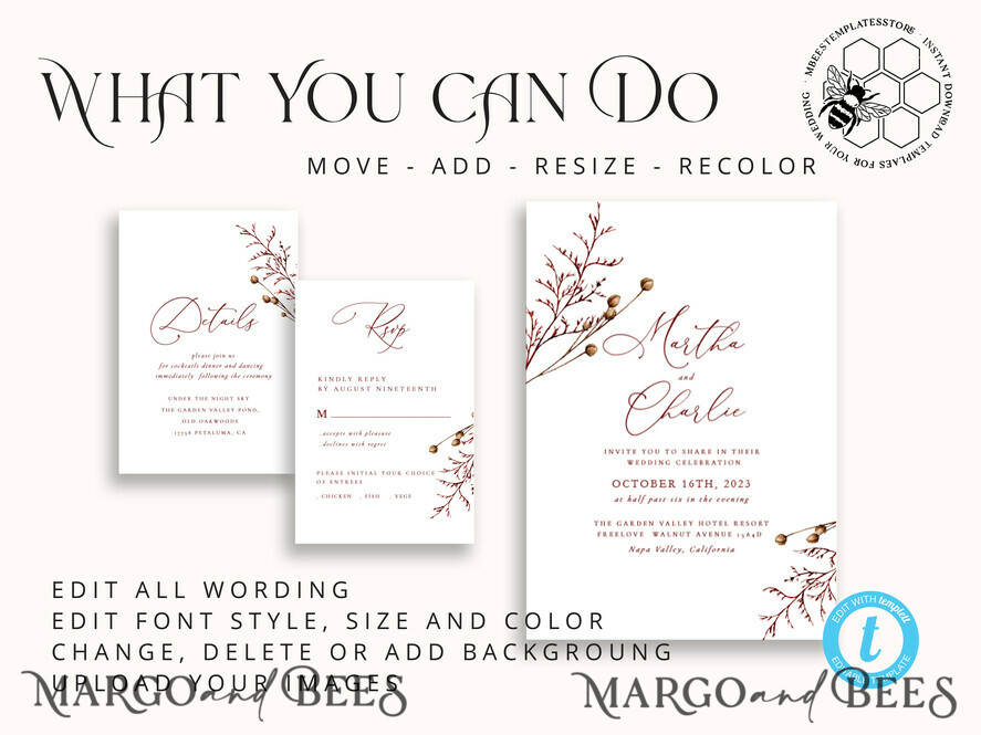 Boho fall wedding Invitations Set Template Instant Download