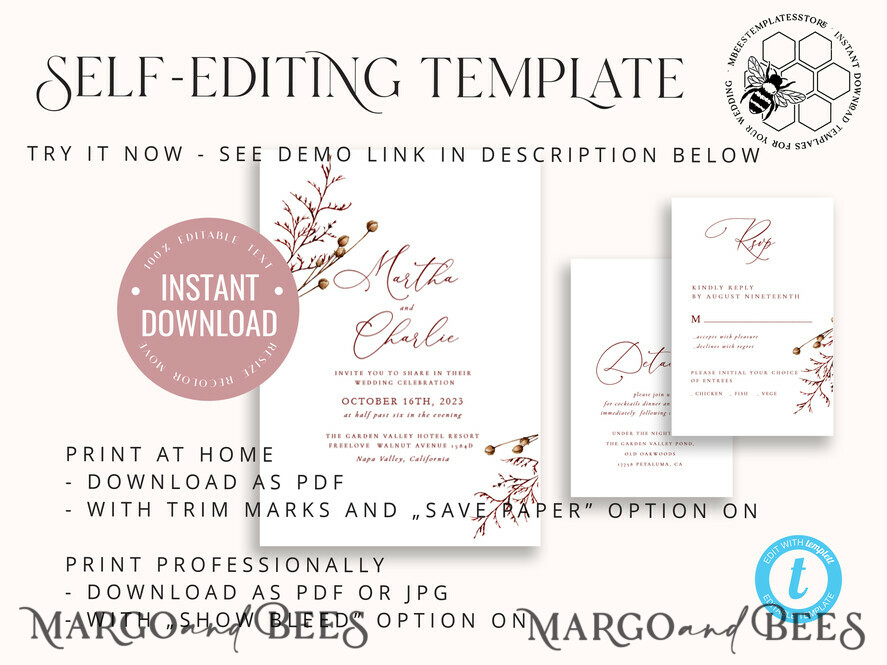 TEMPLETT wedding invitation download Boho fall wedding Invitations Set Template, Instant Download Printable Invites Home Printing, Terracotta Autumn Simple Invitation Card Set