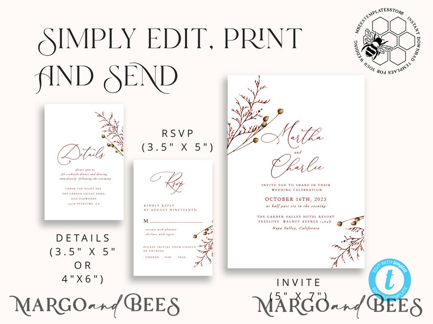 TEMPLETT wedding invitation download Boho fall wedding Invitations Set Template, Instant Download Printable Invites Home Printing, Terracotta Autumn Simple Invitation Card Set