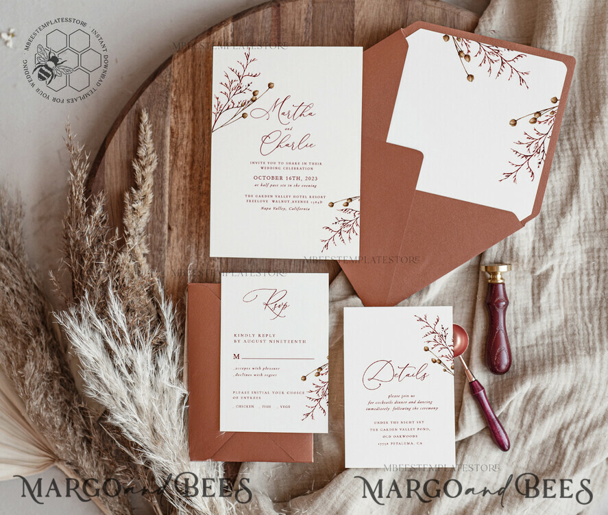 TEMPLETT wedding invitation download Boho fall wedding Invitations Set Template, Instant Download Printable Invites Home Printing, Terracotta Autumn Simple Invitation Card Set