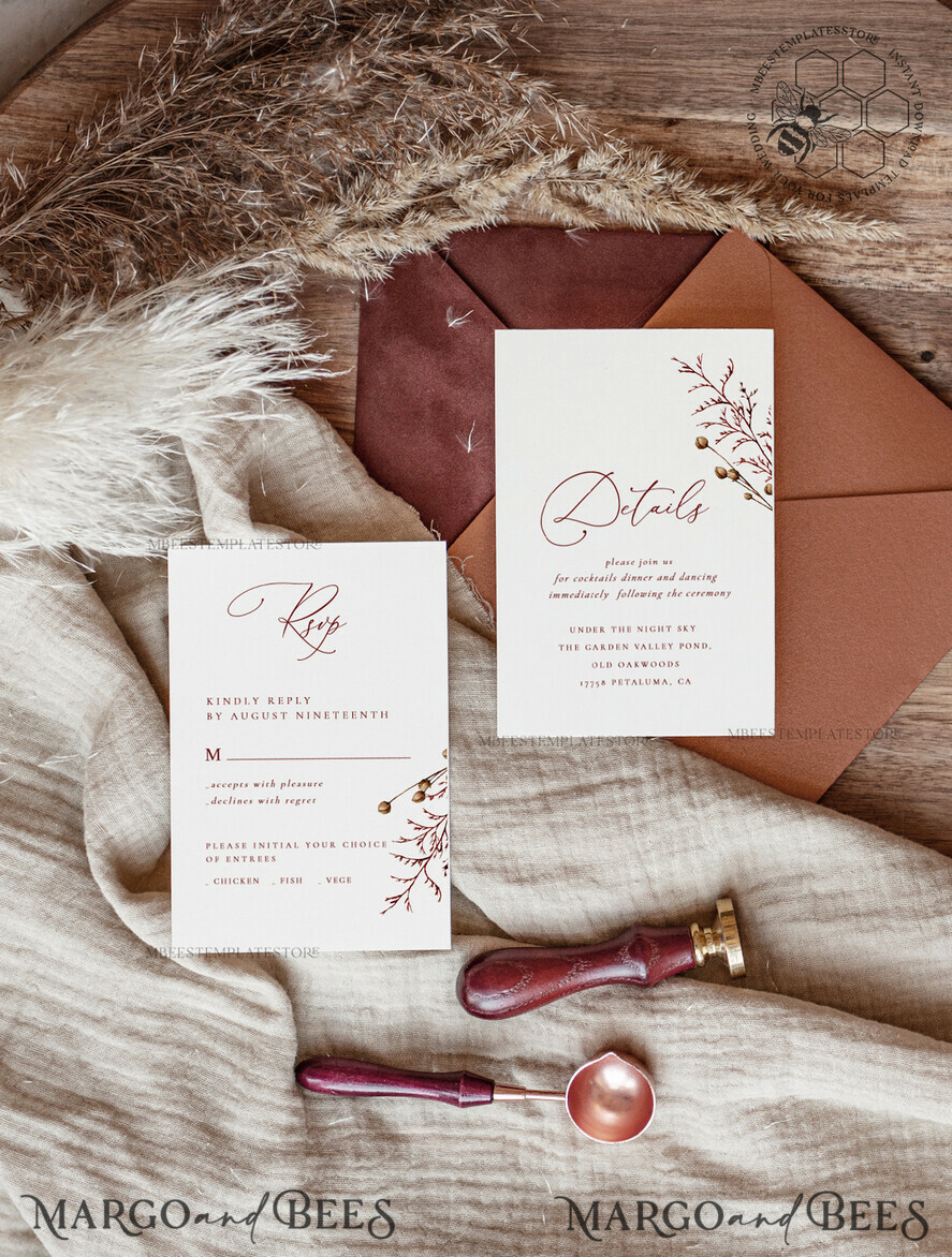 TEMPLETT wedding invitation download Boho fall wedding Invitations Set Template, Instant Download Printable Invites Home Printing, Terracotta Autumn Simple Invitation Card Set