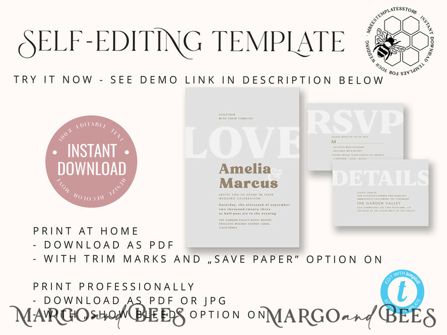 TEMPLETT wedding invitation download Simple wedding invitation template, Instant download Boho Wedding Invites, Elegant Wedding Invitation Printable Template, Modern Invites