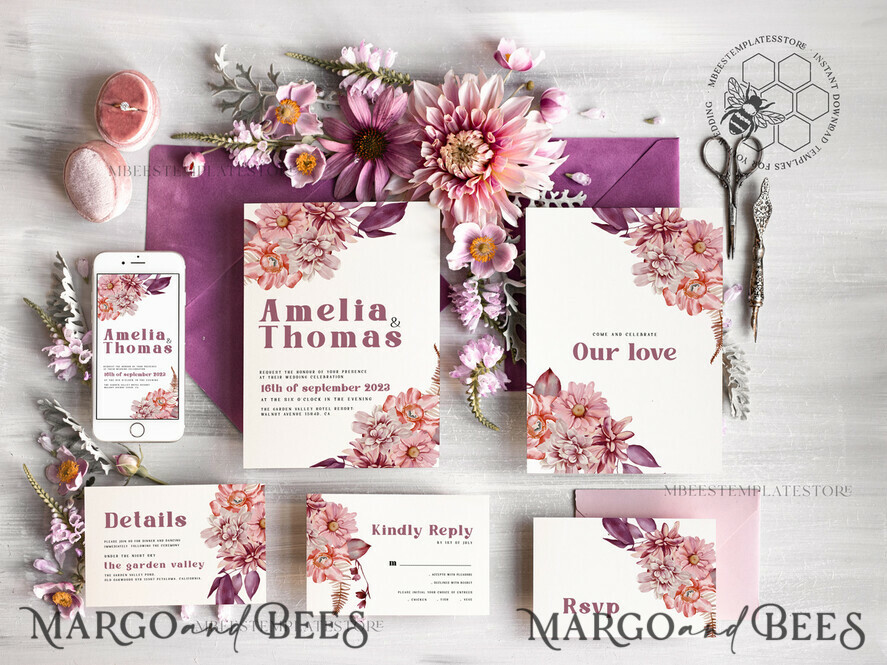 TEMPLETT wedding invitation download Mauve fall boho wedding Invitations Set and Electronic Wedding Invitation Template, Instant Download Printable Invites Home Printing, Simple Boho Wedding Invitation Card Set