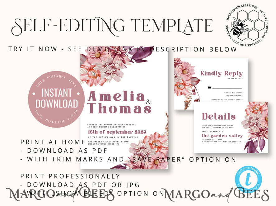 TEMPLETT wedding invitation download Mauve fall boho wedding Invitations Set and Electronic Wedding Invitation Template, Instant Download Printable Invites Home Printing, Simple Boho Wedding Invitation Card Set
