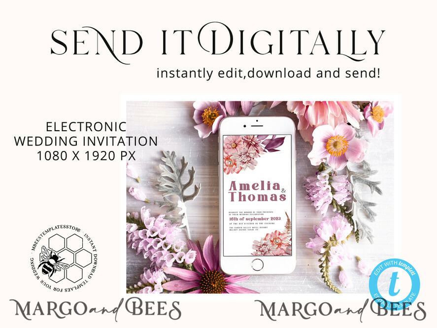 TEMPLETT wedding invitation download Mauve fall boho wedding Invitations Set and Electronic Wedding Invitation Template, Instant Download Printable Invites Home Printing, Simple Boho Wedding Invitation Card Set