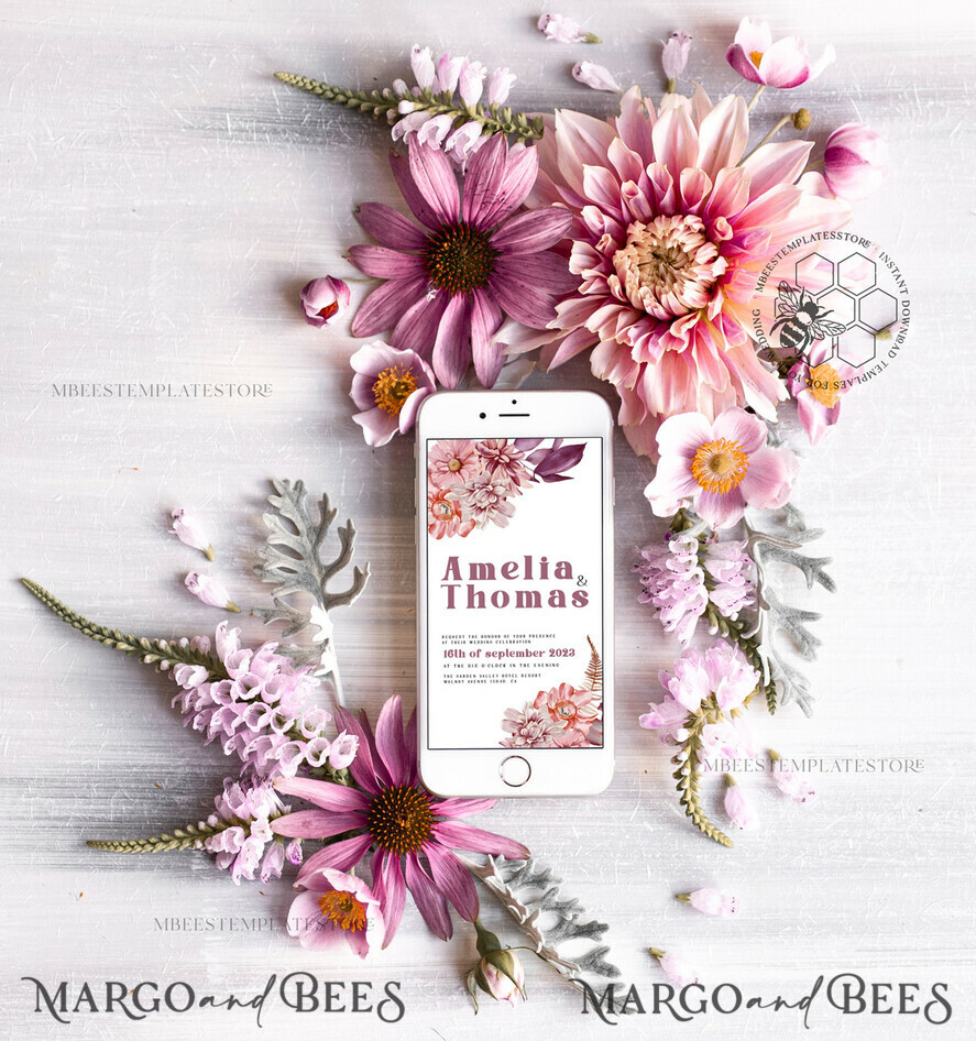 TEMPLETT wedding invitation download Mauve fall boho wedding Invitations Set and Electronic Wedding Invitation Template, Instant Download Printable Invites Home Printing, Simple Boho Wedding Invitation Card Set