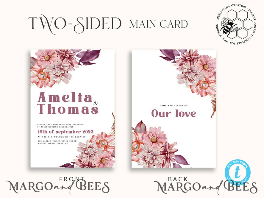 TEMPLETT wedding invitation download Mauve fall boho wedding Invitations Set and Electronic Wedding Invitation Template, Instant Download Printable Invites Home Printing, Simple Boho Wedding Invitation Card Set