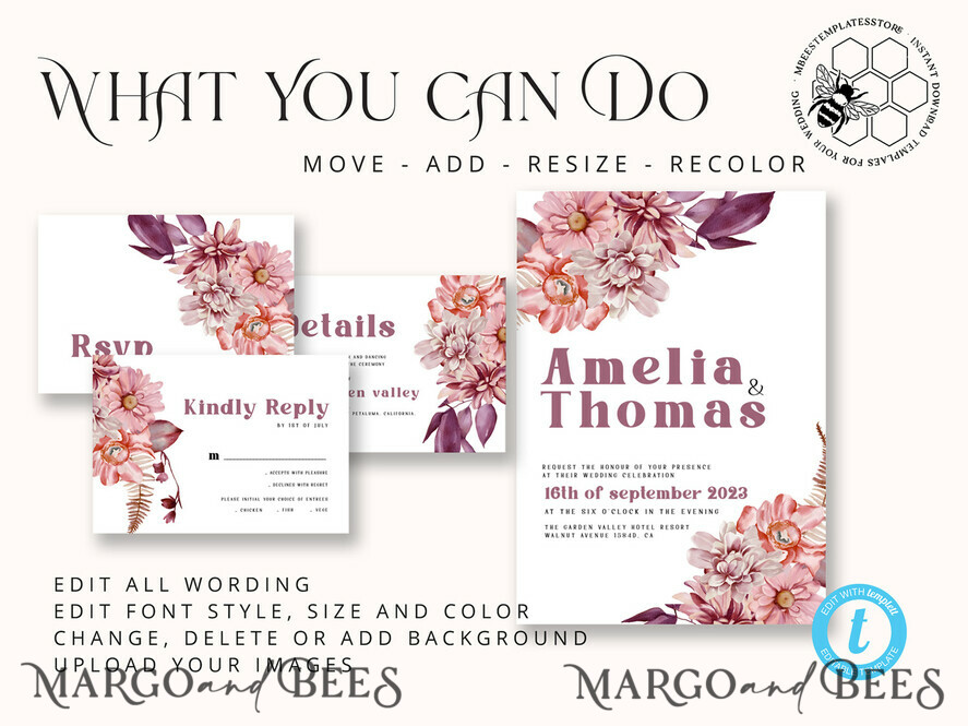 TEMPLETT wedding invitation download Mauve fall boho wedding Invitations Set and Electronic Wedding Invitation Template, Instant Download Printable Invites Home Printing, Simple Boho Wedding Invitation Card Set