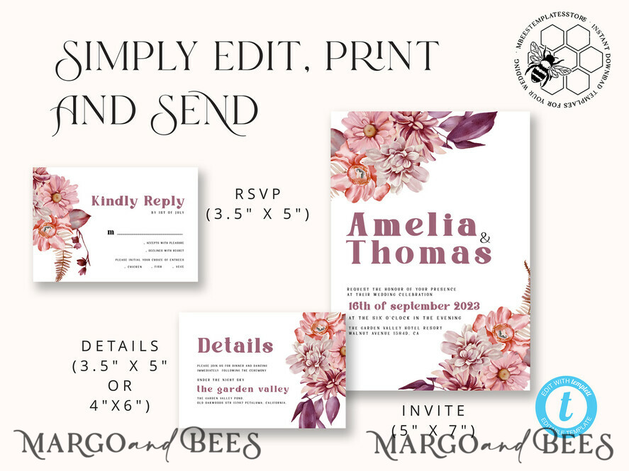 TEMPLETT wedding invitation download Mauve fall boho wedding Invitations Set and Electronic Wedding Invitation Template, Instant Download Printable Invites Home Printing, Simple Boho Wedding Invitation Card Set