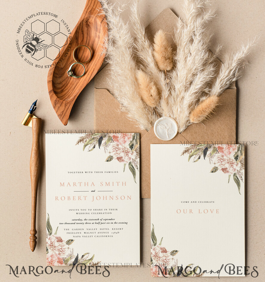 TEMPLETT wedding invitation download Rustic Pampass wedding Invitations Set Template, Instant Download Printable Invites Home Printing, Simple Boho Wedding Invitation Card Set