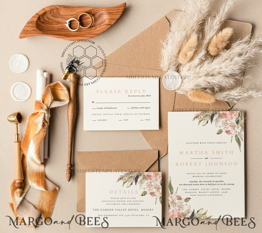 TEMPLETT wedding invitation download Rustic Pampass wedding Invitations Set Template, Instant Download Printable Invites Home Printing, Simple Boho Wedding Invitation Card Set