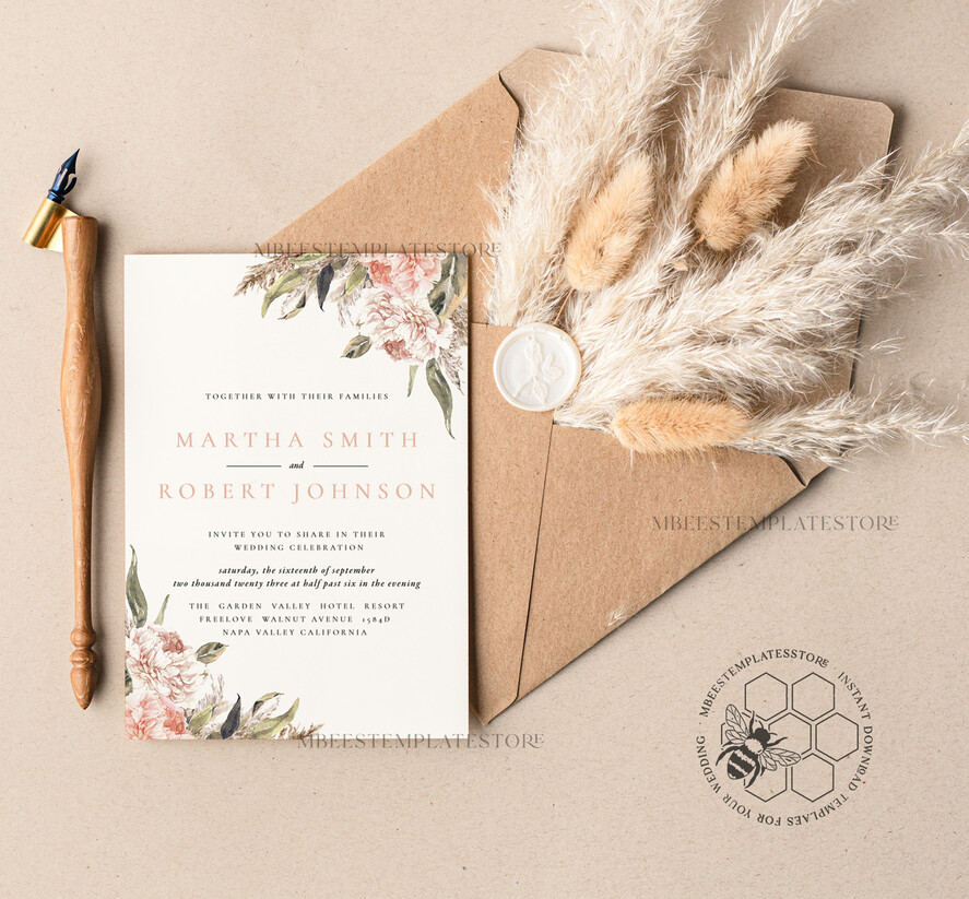 TEMPLETT wedding invitation download Rustic Pampass wedding Invitations Set Template, Instant Download Printable Invites Home Printing, Simple Boho Wedding Invitation Card Set