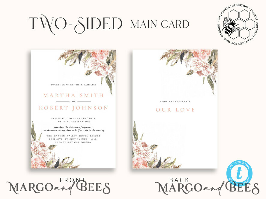 TEMPLETT wedding invitation download Rustic Pampass wedding Invitations Set Template, Instant Download Printable Invites Home Printing, Simple Boho Wedding Invitation Card Set