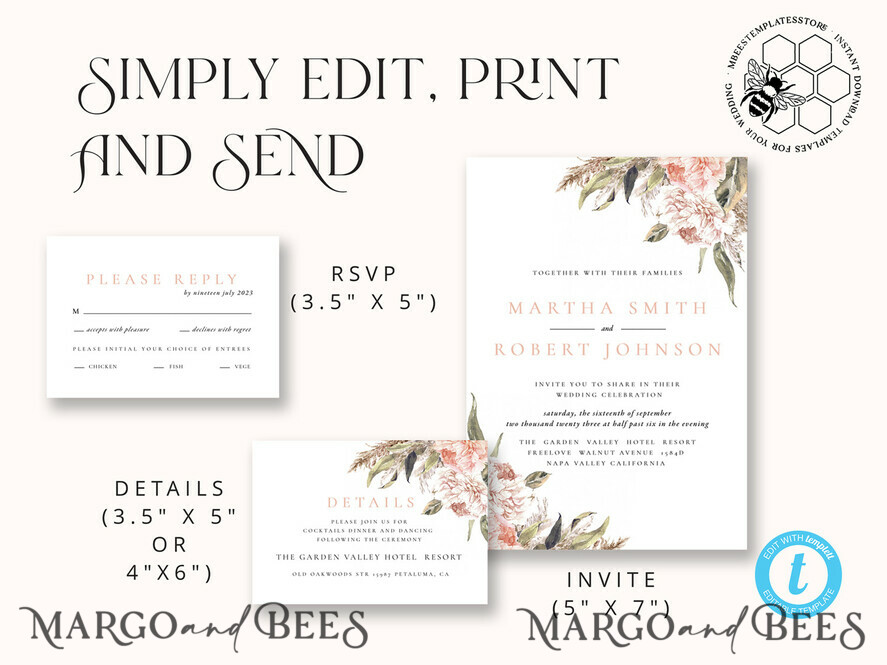 TEMPLETT wedding invitation download Rustic Pampass wedding Invitations Set Template, Instant Download Printable Invites Home Printing, Simple Boho Wedding Invitation Card Set