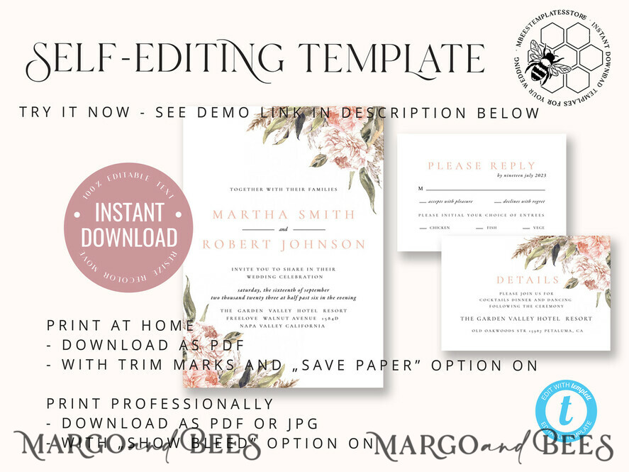 TEMPLETT wedding invitation download Rustic Pampass wedding Invitations Set Template, Instant Download Printable Invites Home Printing, Simple Boho Wedding Invitation Card Set