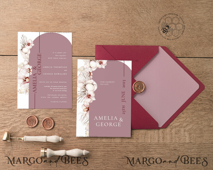 TEMPLETT wedding invitation download Arch Maroon wedding invitation template, Instant download Invite, Printable Invites For Home Printing, mauve boho wedding invitations