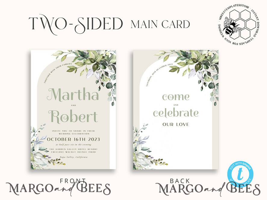 TEMPLETT wedding invitation download Boho Sage Green wedding Invitations Set Template, Instant Download Printable Invites Home Printing, Simple  Wedding Invitation Card, WBoho15