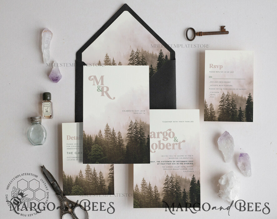 TEMPLETT  
 Hochzeits Einladung Download Wald rosa Himmel Hochzeitseinladungs-Vorlage, Sofortiger Download Berg Einfache Hochzeitskarten, Grünpflanzen Hochzeitseinladung druckbare Vorlage, Wald Einladungen
