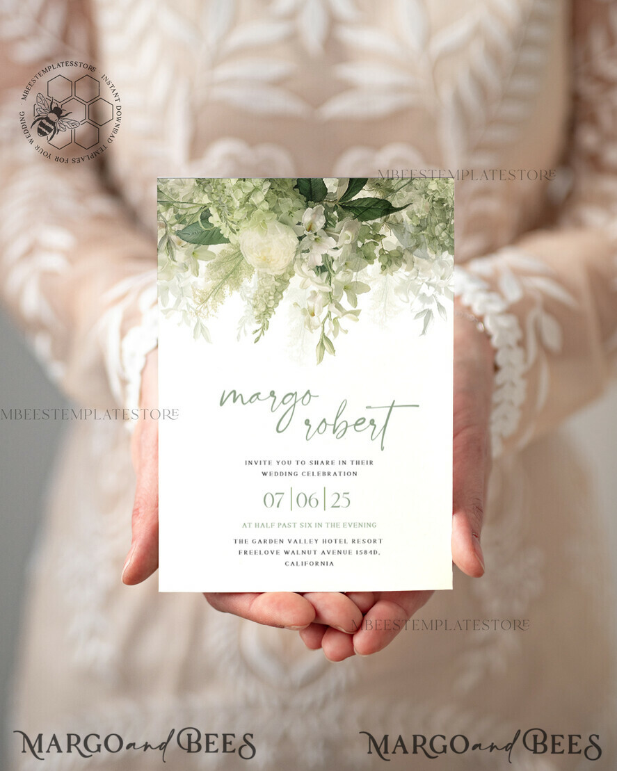 TEMPLETT wedding invitation download Floral Sage Green wedding Invitations Set Template, Instant Download Printable Invites Home Printing, BotanicalWedding Invitation Card