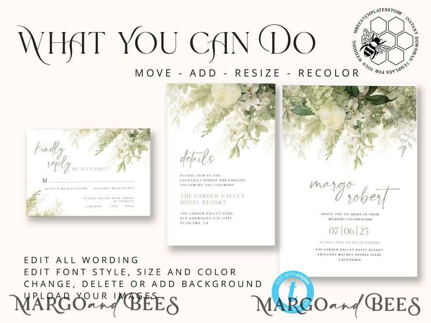 TEMPLETT wedding invitation download Floral Sage Green wedding Invitations Set Template, Instant Download Printable Invites Home Printing, BotanicalWedding Invitation Card