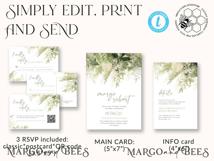 TEMPLETT wedding invitation download Floral Sage Green wedding Invitations Set Template, Instant Download Printable Invites Home Printing, BotanicalWedding Invitation Card