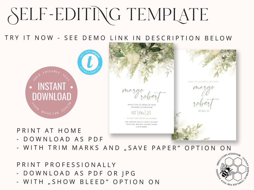 TEMPLETT wedding invitation download Floral Sage Green wedding Invitations Set Template, Instant Download Printable Invites Home Printing, BotanicalWedding Invitation Card