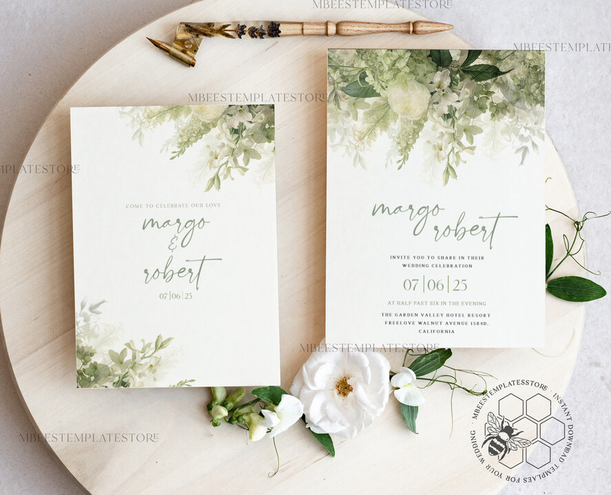 TEMPLETT wedding invitation download Floral Sage Green wedding Invitations Set Template, Instant Download Printable Invites Home Printing, BotanicalWedding Invitation Card