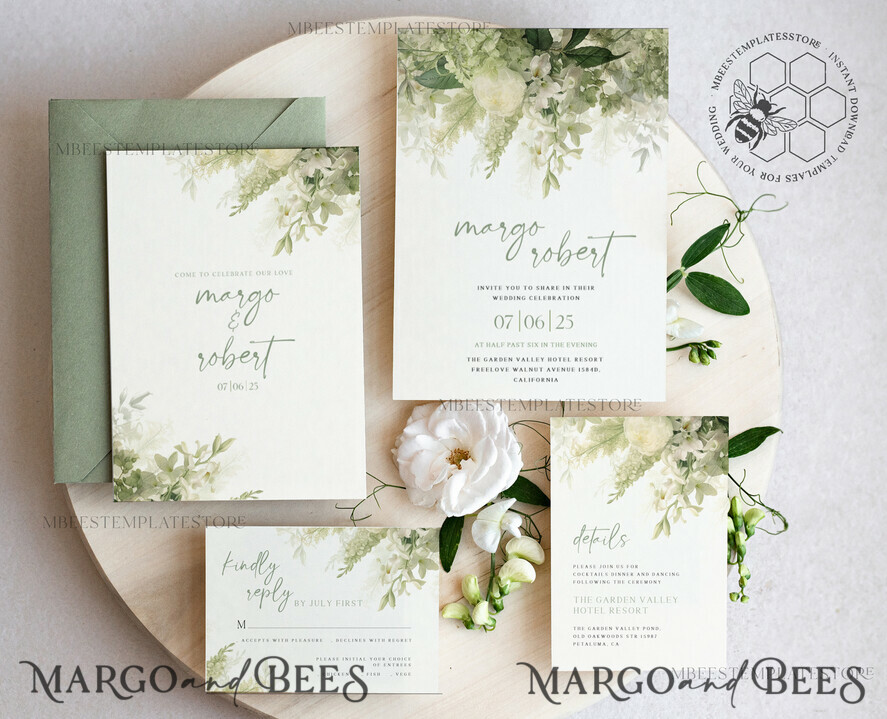 TEMPLETT wedding invitation download Floral Sage Green wedding Invitations Set Template, Instant Download Printable Invites Home Printing, BotanicalWedding Invitation Card