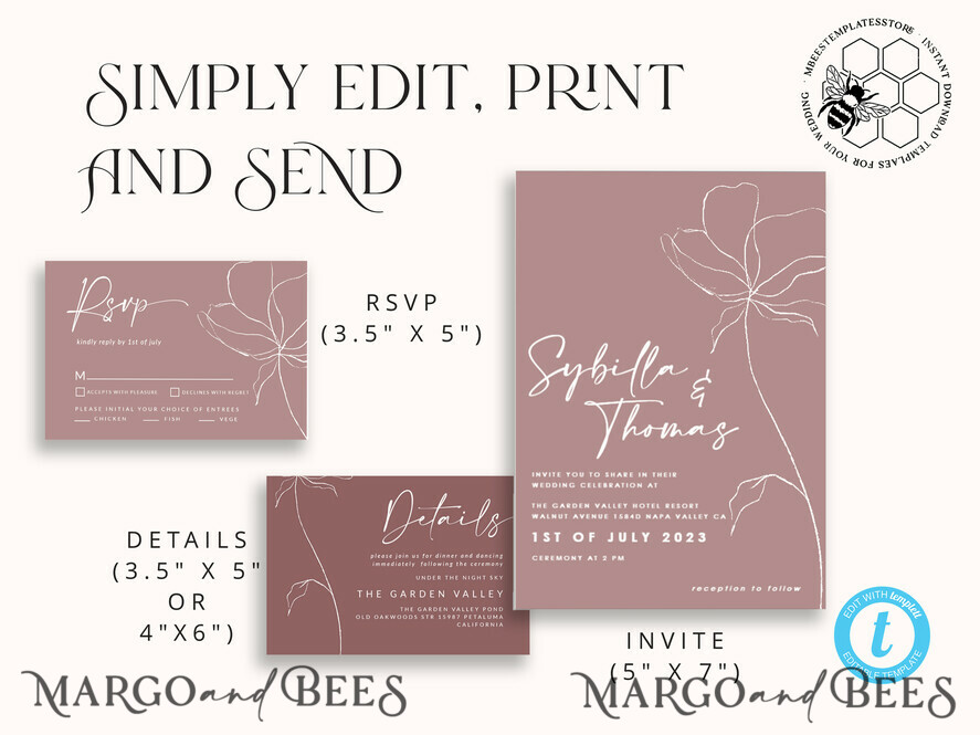 TEMPLETT wedding invitation download Modern wedding invitation template, Instant download Boho Wedding Invites, Simple Wedding Invitation Printable Template Pink Invitations