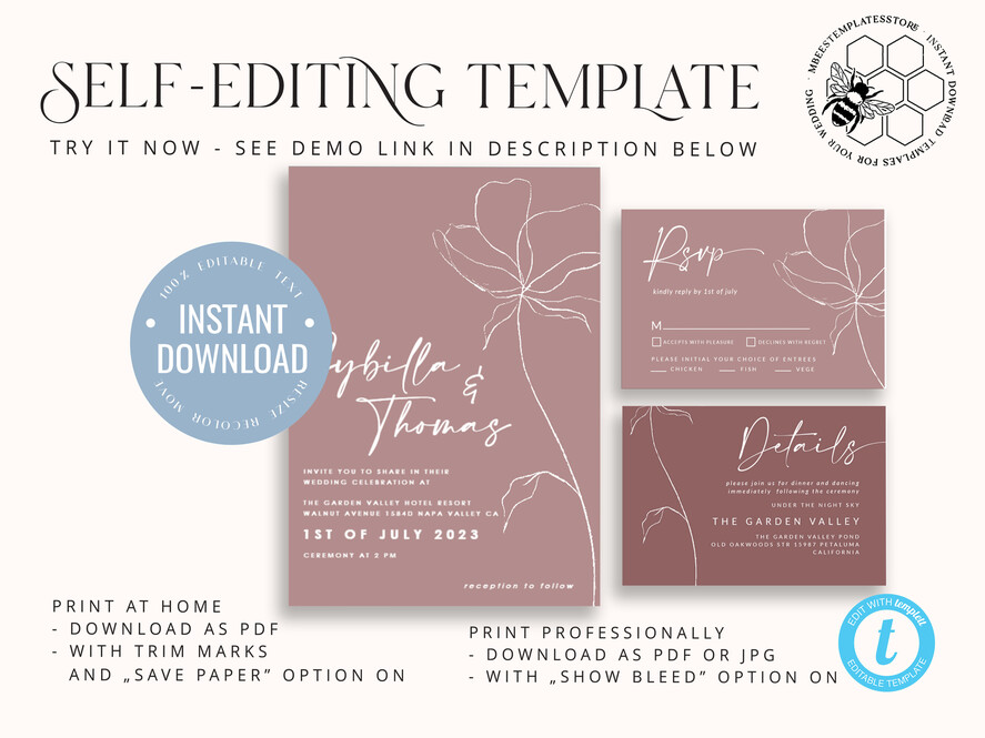 TEMPLETT wedding invitation download Modern wedding invitation template, Instant download Boho Wedding Invites, Simple Wedding Invitation Printable Template Pink Invitations