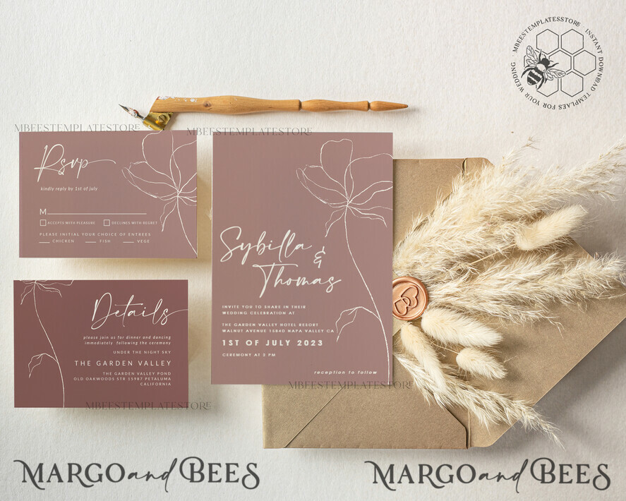 TEMPLETT wedding invitation download Modern wedding invitation template, Instant download Boho Wedding Invites, Simple Wedding Invitation Printable Template Pink Invitations