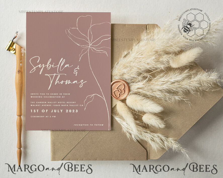 TEMPLETT wedding invitation download Modern wedding invitation template, Instant download Boho Wedding Invites, Simple Wedding Invitation Printable Template Pink Invitations