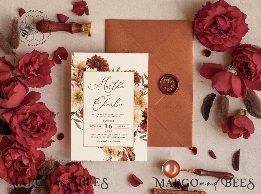 TEMPLETT wedding invitation download Terracotta Fall wedding invitation template, Instant download Boho Wedding Invites, Autumn Maroon Burn Orange Invitation Printable Template