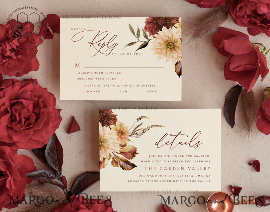 TEMPLETT wedding invitation download Terracotta Fall wedding invitation template, Instant download Boho Wedding Invites, Autumn Maroon Burn Orange Invitation Printable Template