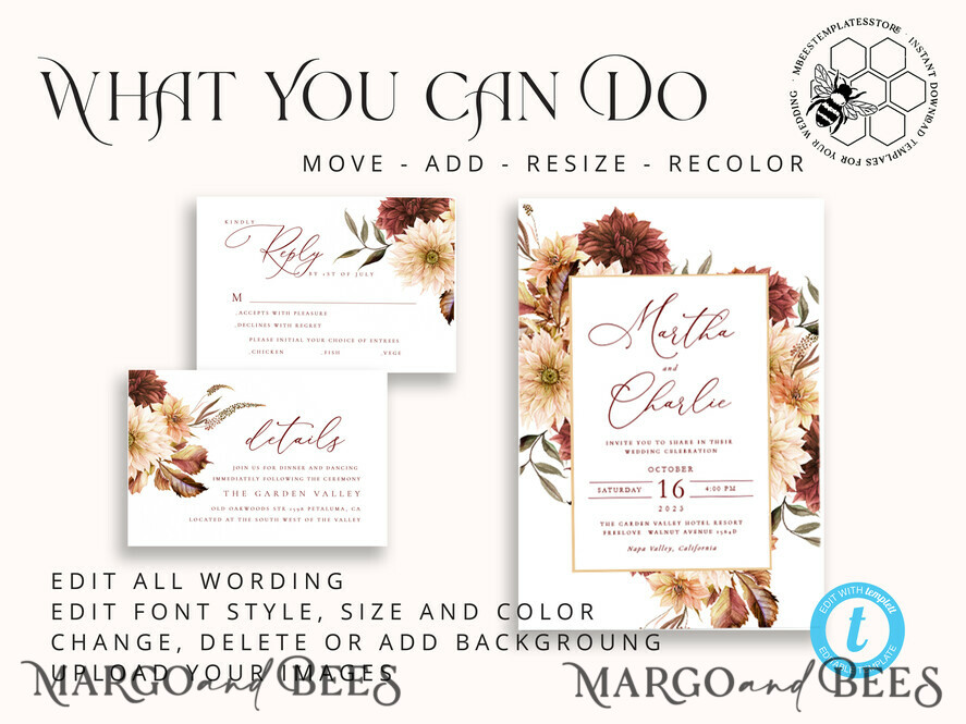 TEMPLETT wedding invitation download Terracotta Fall wedding invitation template, Instant download Boho Wedding Invites, Autumn Maroon Burn Orange Invitation Printable Template