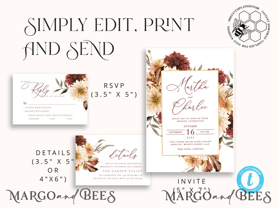 TEMPLETT wedding invitation download Terracotta Fall wedding invitation template, Instant download Boho Wedding Invites, Autumn Maroon Burn Orange Invitation Printable Template