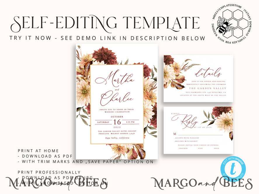 TEMPLETT wedding invitation download Terracotta Fall wedding invitation template, Instant download Boho Wedding Invites, Autumn Maroon Burn Orange Invitation Printable Template