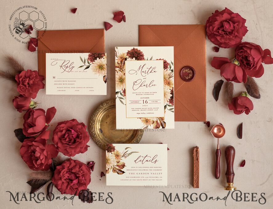 TEMPLETT wedding invitation download Terracotta Fall wedding invitation template, Instant download Boho Wedding Invites, Autumn Maroon Burn Orange Invitation Printable Template