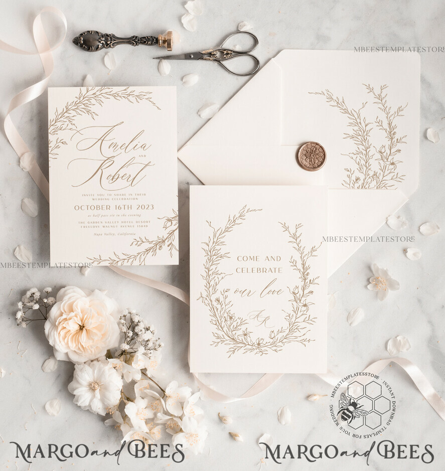 TEMPLETT wedding invitation download Fine Art Blush wedding Invitations Evite Set Template, Instant Download Printable Invites Home Printing, Boho Chick Invitation Set WBoho17